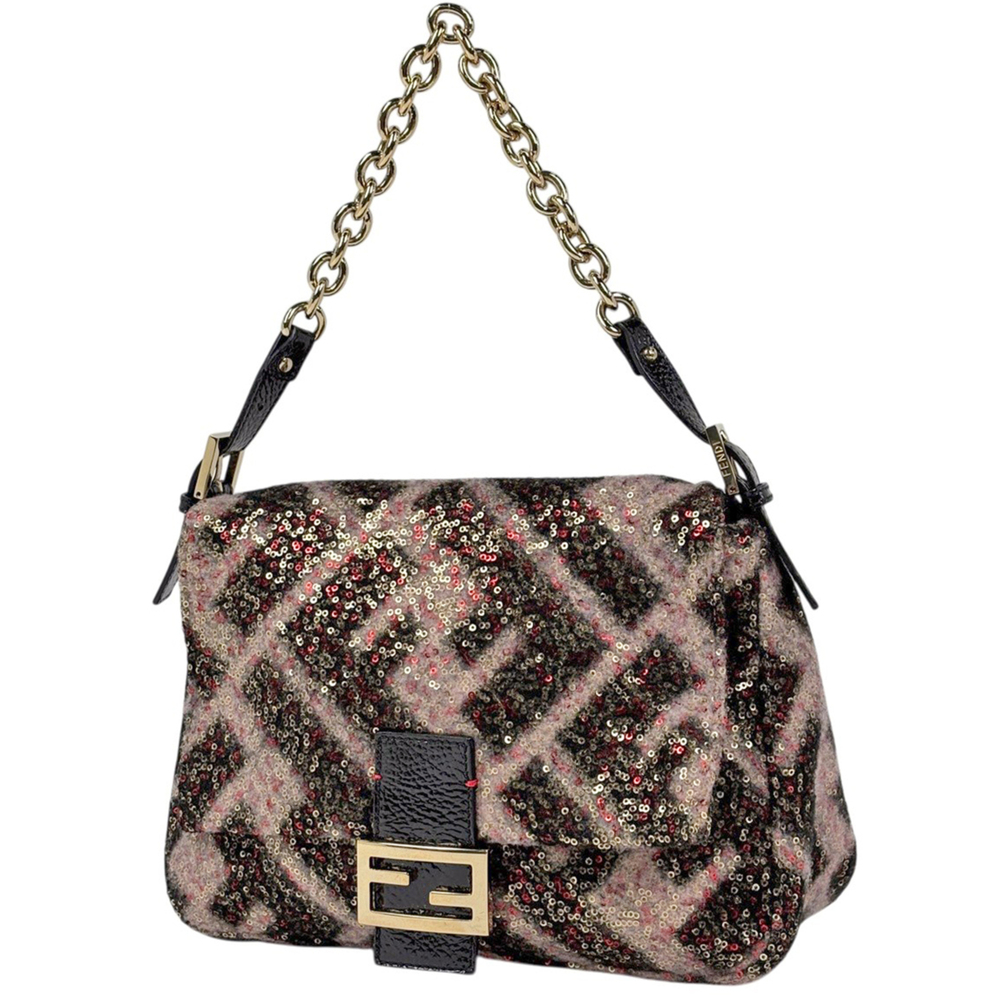 Fendi Zucca pattern Mamma Bucket sequin one-shoulder wool bag in pink and bla...